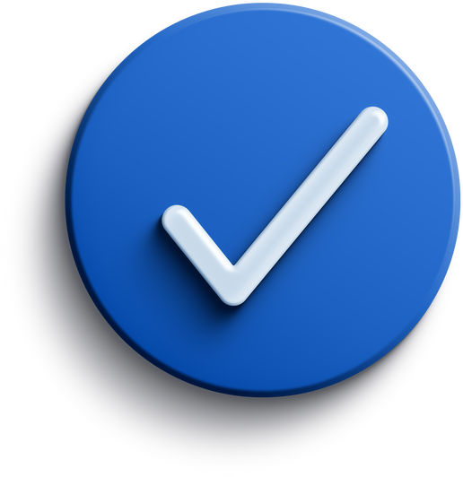 Blue round 3D check icon with drop shadow